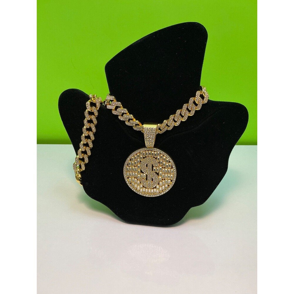 Money $ Pendant Necklace Bracelet Lot Hip Hop Iced 20” Inches CZ Chain Cuban